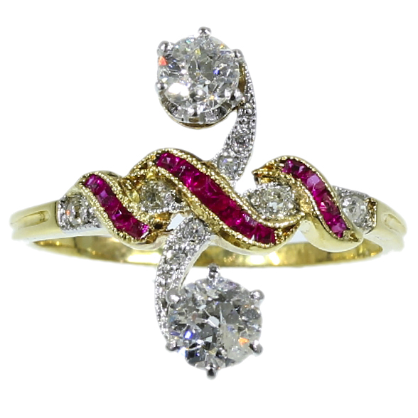 Most elegant antique ring with rubies and diamonds a so-called toi et moi (image 2 of 13)